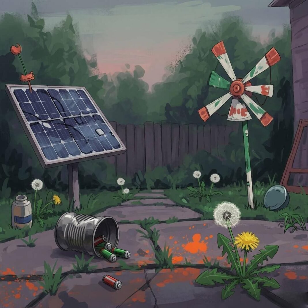 Messy backyard painting at dusk.