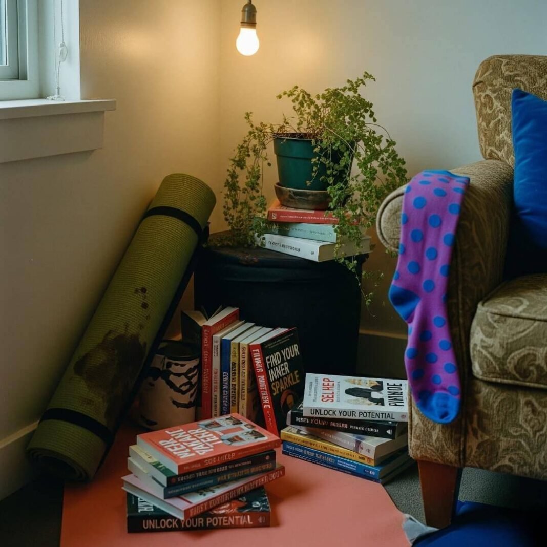 A dimly lit corner of a cluttered apartment features a rolled-up, coffee-stained yoga mat, stacks of self-help books, a drooping fern, and a bright purple polka-dot sock hanging from an armchair.