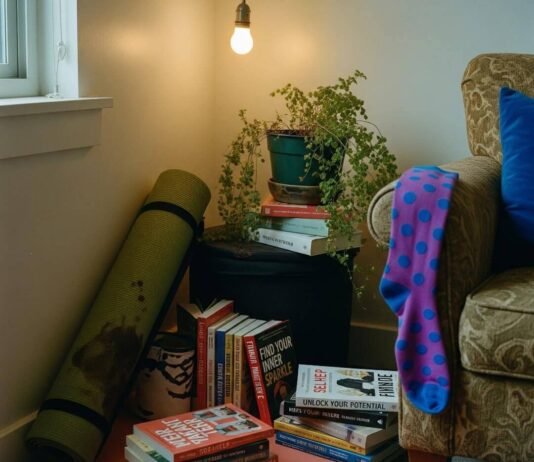 Holistic Health and Wellness: 10 Steps to Start Living Your Best Life A dimly lit corner of a cluttered apartment features a rolled-up, coffee-stained yoga mat, stacks of self-help books, a drooping fern, and a bright purple polka-dot sock hanging from an armchair.