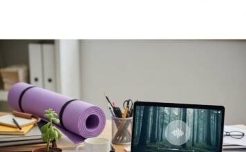 Top Employee Wellness Programs for a Healthier Workplace A messy office desk with a sad succulent, a yoga mat, and a laptop showing a mindfulness app.