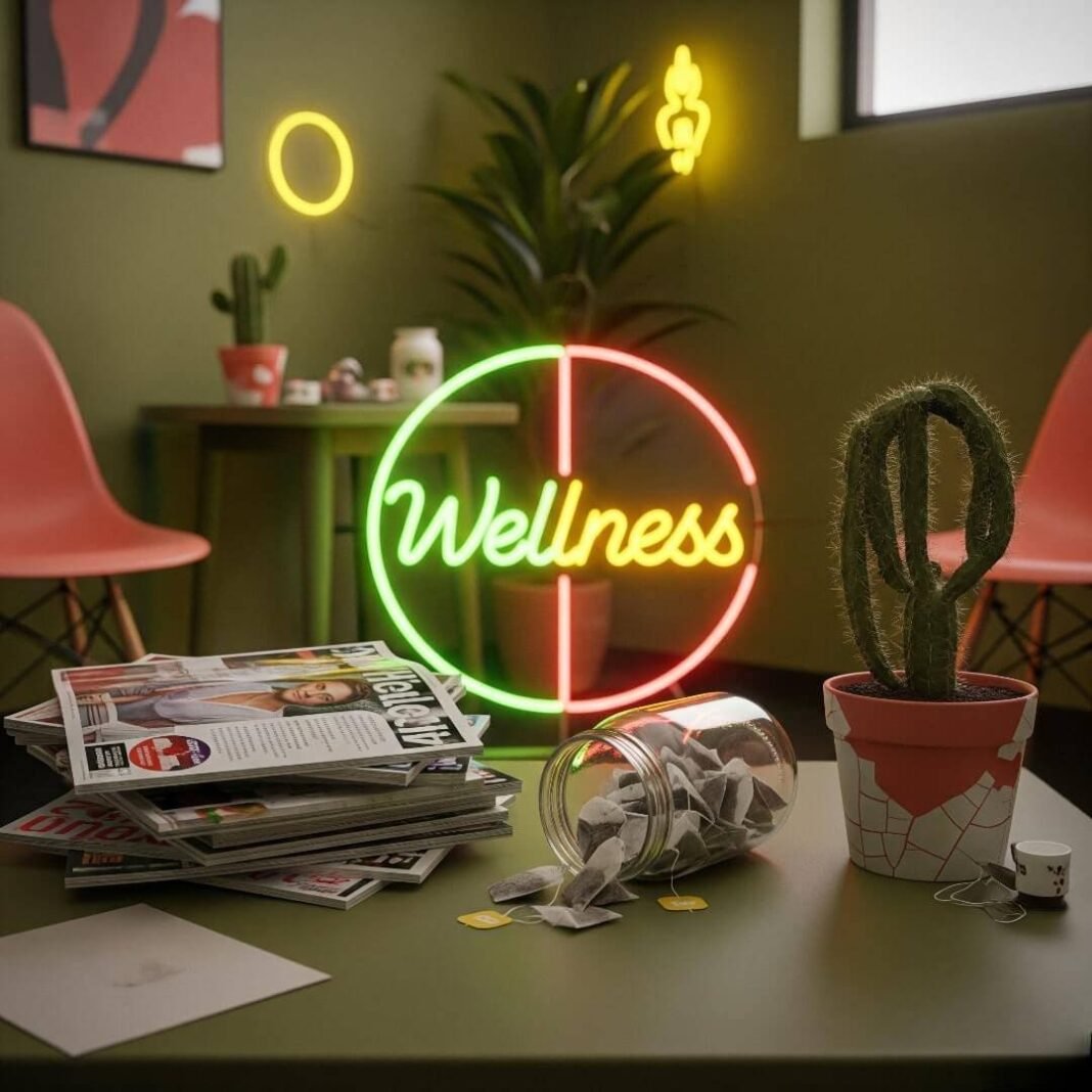 A blurry photo of a quirky wellness clinic waiting room with a neon sign, magazines, tea bags, and a cactus.