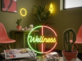Wellness Clinics Near Me: Your Guide to Choosing the Best Option A blurry photo of a quirky wellness clinic waiting room with a neon sign, magazines, tea bags, and a cactus.