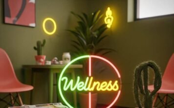 Wellness Clinics Near Me: Your Guide to Choosing the Best Option A blurry photo of a quirky wellness clinic waiting room with a neon sign, magazines, tea bags, and a cactus.