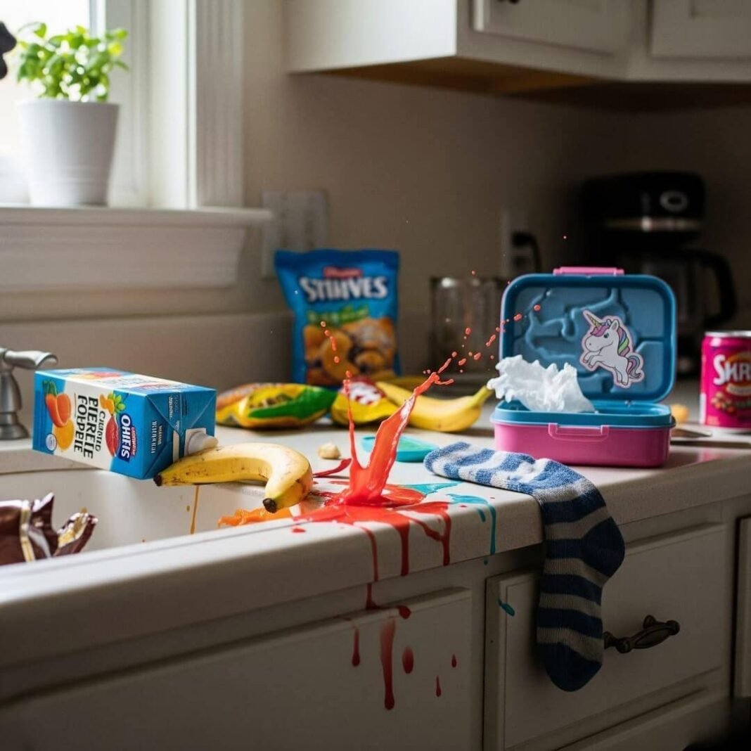 A messy kitchen counter with spilled juice, a banana, a lunchbox, and a sock.