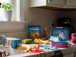 Best Nutrition for Kids: A Parent’s Guide to Healthy Eating A messy kitchen counter with spilled juice, a banana, a lunchbox, and a sock.