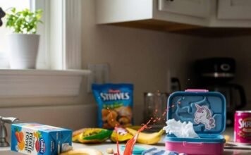 Best Nutrition for Kids: A Parent’s Guide to Healthy Eating A messy kitchen counter with spilled juice, a banana, a lunchbox, and a sock.