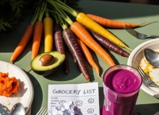 Vegetarian Nutrition Plans: Top Diets to Fuel Your Body Right A close-up of a farmer's market table with heirloom carrots, a half-eaten avocado, a crumpled grocery list, and a spilled purple smoothie, all surrounded by mismatched cutlery.