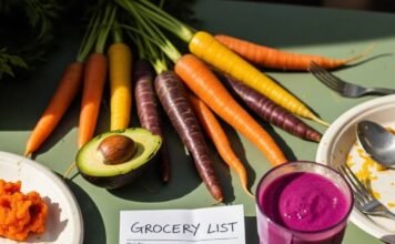 Vegetarian Nutrition Plans: Top Diets to Fuel Your Body Right A close-up of a farmer's market table with heirloom carrots, a half-eaten avocado, a crumpled grocery list, and a spilled purple smoothie, all surrounded by mismatched cutlery.