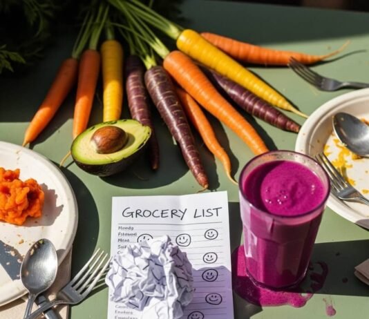 Vegetarian Nutrition Plans: Top Diets to Fuel Your Body Right A close-up of a farmer's market table with heirloom carrots, a half-eaten avocado, a crumpled grocery list, and a spilled purple smoothie, all surrounded by mismatched cutlery.