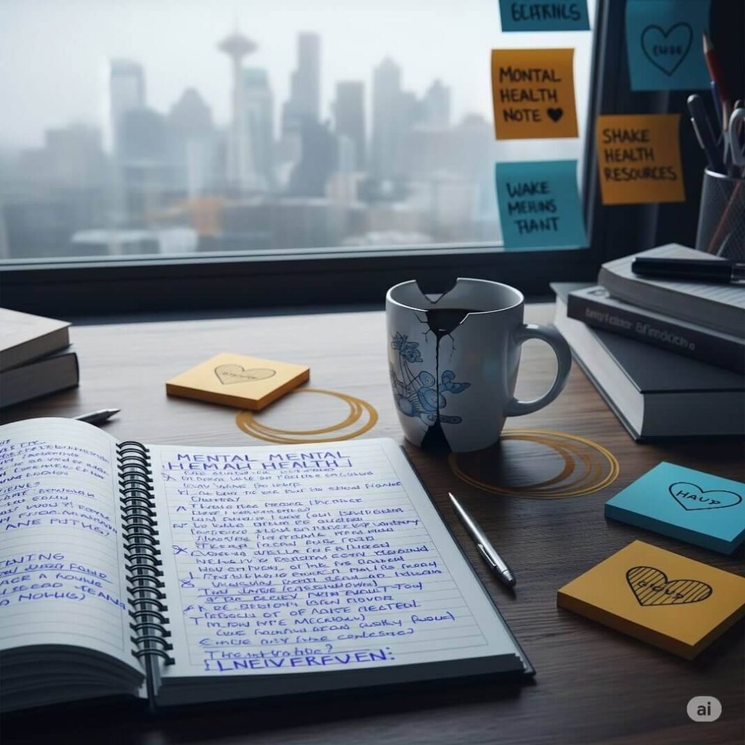 A blurry, photorealistic image of a cluttered desk with a notebook, coffee mug, sticky notes, and a foggy window.