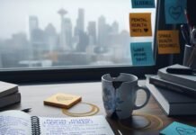 Mental Health Resources Everyone Should Know: Your Guide to Support A blurry, photorealistic image of a cluttered desk with a notebook, coffee mug, sticky notes, and a foggy window.