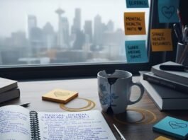 Mental Health Resources Everyone Should Know: Your Guide to Support A blurry, photorealistic image of a cluttered desk with a notebook, coffee mug, sticky notes, and a foggy window.