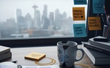 Mental Health Resources Everyone Should Know: Your Guide to Support A blurry, photorealistic image of a cluttered desk with a notebook, coffee mug, sticky notes, and a foggy window.