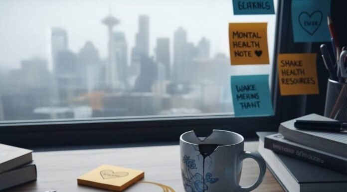 Mental Health Resources Everyone Should Know: Your Guide to Support A blurry, photorealistic image of a cluttered desk with a notebook, coffee mug, sticky notes, and a foggy window.
