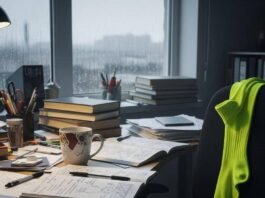 Blog Post: Unlock Your Mental Health: The Importance of Wellbeing for a Balanced Life A cluttered desk with a chipped mug, messy notebook, and a neon yellow sock on a chair by a rainy window.
