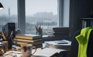 Blog Post: Unlock Your Mental Health: The Importance of Wellbeing for a Balanced Life A cluttered desk with a chipped mug, messy notebook, and a neon yellow sock on a chair by a rainy window.