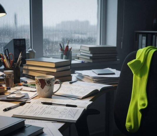 Blog Post: Unlock Your Mental Health: The Importance of Wellbeing for a Balanced Life A cluttered desk with a chipped mug, messy notebook, and a neon yellow sock on a chair by a rainy window.
