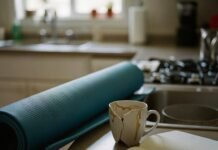 Health and Wellness Coaching: Transform Your Life in 2025 A kitchen counter with a blue yoga mat, a broken coffee mug, and a notebook with a coffee stain.
