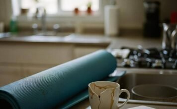 Health and Wellness Coaching: Transform Your Life in 2025 A kitchen counter with a blue yoga mat, a broken coffee mug, and a notebook with a coffee stain.