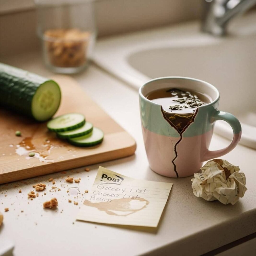 A blurry, close-up shot of a messy kitchen counter with a half-sliced cucumber, a chipped mug of herbal tea, and a coffee-stained Post-it note with a grocery list.