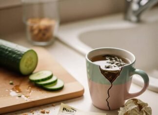 Nutrition and Wellness: How Eating Well Powers Your Life A blurry, close-up shot of a messy kitchen counter with a half-sliced cucumber, a chipped mug of herbal tea, and a coffee-stained Post-it note with a grocery list.
