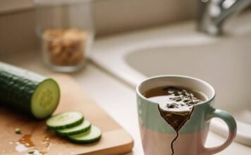 Nutrition and Wellness: How Eating Well Powers Your Life A blurry, close-up shot of a messy kitchen counter with a half-sliced cucumber, a chipped mug of herbal tea, and a coffee-stained Post-it note with a grocery list.