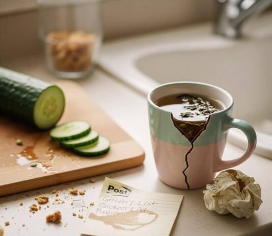 Nutrition and Wellness: How Eating Well Powers Your Life A blurry, close-up shot of a messy kitchen counter with a half-sliced cucumber, a chipped mug of herbal tea, and a coffee-stained Post-it note with a grocery list.