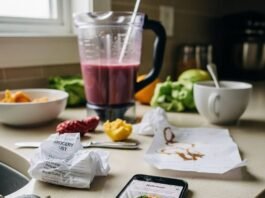 Nutrition Coaching Near You: How to Find the Best Coach for Your Goals A messy kitchen counter with a half-made smoothie, a crumpled grocery list, and a phone showing a nutrition app.