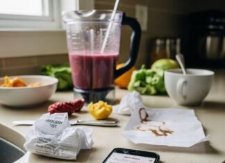 Nutrition Coaching Near You: How to Find the Best Coach for Your Goals A messy kitchen counter with a half-made smoothie, a crumpled grocery list, and a phone showing a nutrition app.