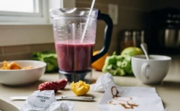 Nutrition Coaching Near You: How to Find the Best Coach for Your Goals A messy kitchen counter with a half-made smoothie, a crumpled grocery list, and a phone showing a nutrition app.