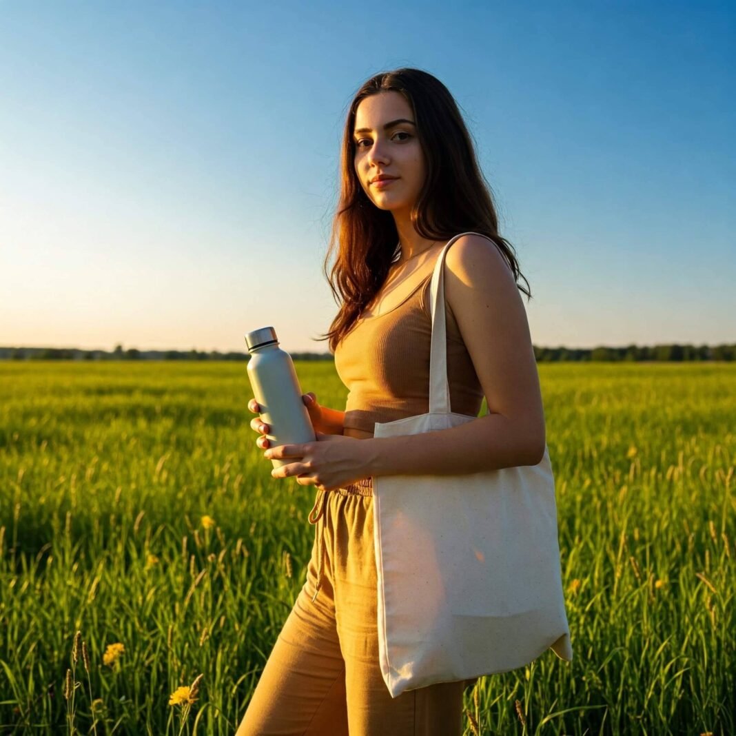 Reusable bottle and tote bag in field