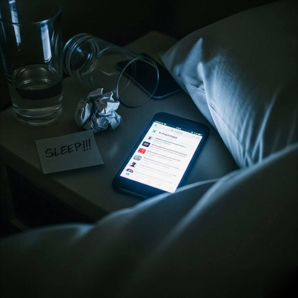 A grainy photo of a nightstand with a spilled water glass, a "SLEEP!!!" note, and a phone displaying X.
