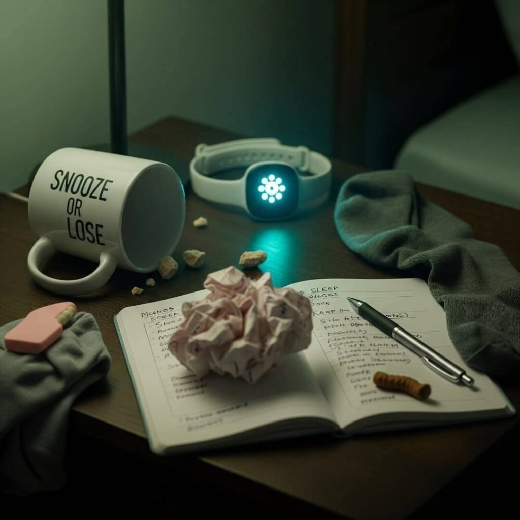 A hand holds a glowing phone in bed, surrounded by chaotic scribbly lines.