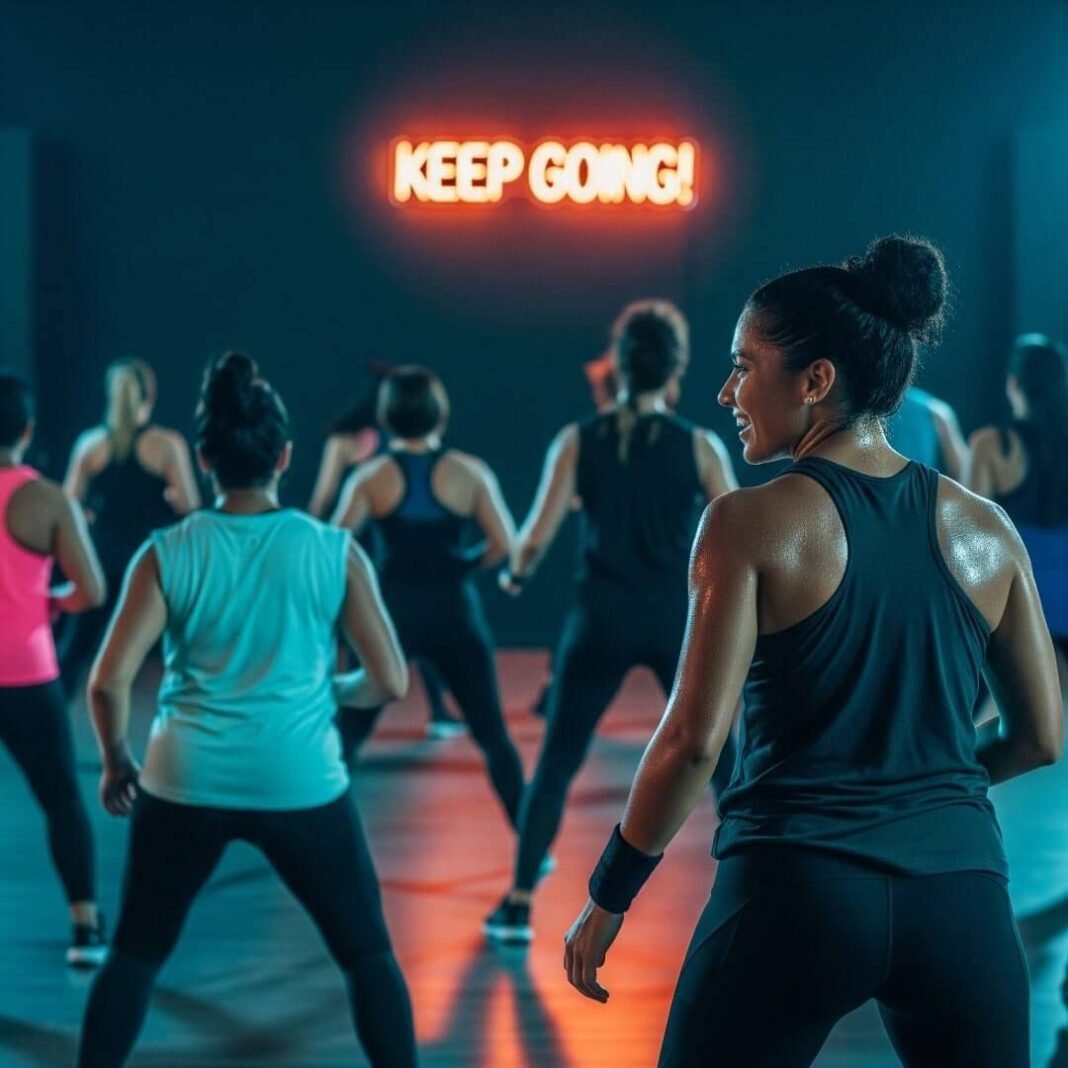 A slightly blurred photorealistic image of a Zumba class, with a person in the back, sweaty but smiling. A flickering neon “Keep Going!” sign adds quirk, and deep blues with mango hues convey cautious optimism.