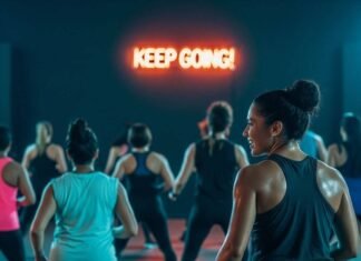 How to Find the Best Fitness Center Near You: A Beginner’s Guide A slightly blurred photorealistic image of a Zumba class, with a person in the back, sweaty but smiling. A flickering neon “Keep Going!” sign adds quirk, and deep blues with mango hues convey cautious optimism.