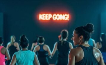 How to Find the Best Fitness Center Near You: A Beginner’s Guide A slightly blurred photorealistic image of a Zumba class, with a person in the back, sweaty but smiling. A flickering neon “Keep Going!” sign adds quirk, and deep blues with mango hues convey cautious optimism.