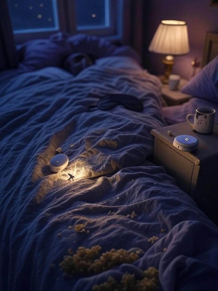 A blurry POV shot of a messy bedroom with a tangled sleep mask, white noise machine, chipped tea mug, and a firefly near a lamp.
