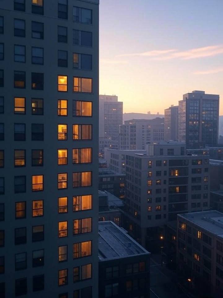 Alt text: Seattle dawn with one glowing apartment window, shot low and tilted for a dreamy, exhausted vibe, symbolizing a morning where sleep disorder advocacy brings a sliver of rest.