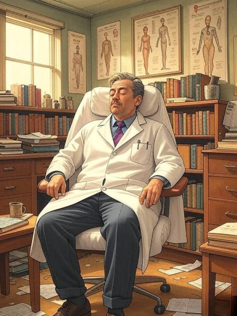 A vintage illustration of a cluttered doctor's office with a man slumped in a chair, surrounded by sleep health posters and a coffee-stained notepad.