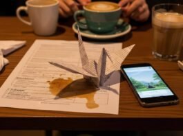 How Mental Health Awareness in 2025 Is Totally Rewiring Our Lives A cozy coffee shop table with a spilled latte, a paper crane, a phone with a mindfulness app, and a smiley-face sock peeking out.