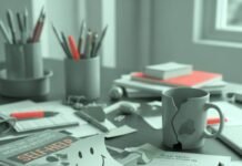 How to Find Mental Health Support When You Need It Most A cluttered desk with a chipped coffee mug, a dog-eared self-help book, a cracked-screen phone showing a therapy app, and a sticky note with a smiley face falling off the desk.