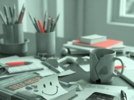 How to Find Mental Health Support When You Need It Most A cluttered desk with a chipped coffee mug, a dog-eared self-help book, a cracked-screen phone showing a therapy app, and a sticky note with a smiley face falling off the desk.