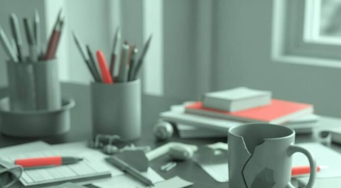 How to Find Mental Health Support When You Need It Most A cluttered desk with a chipped coffee mug, a dog-eared self-help book, a cracked-screen phone showing a therapy app, and a sticky note with a smiley face falling off the desk.