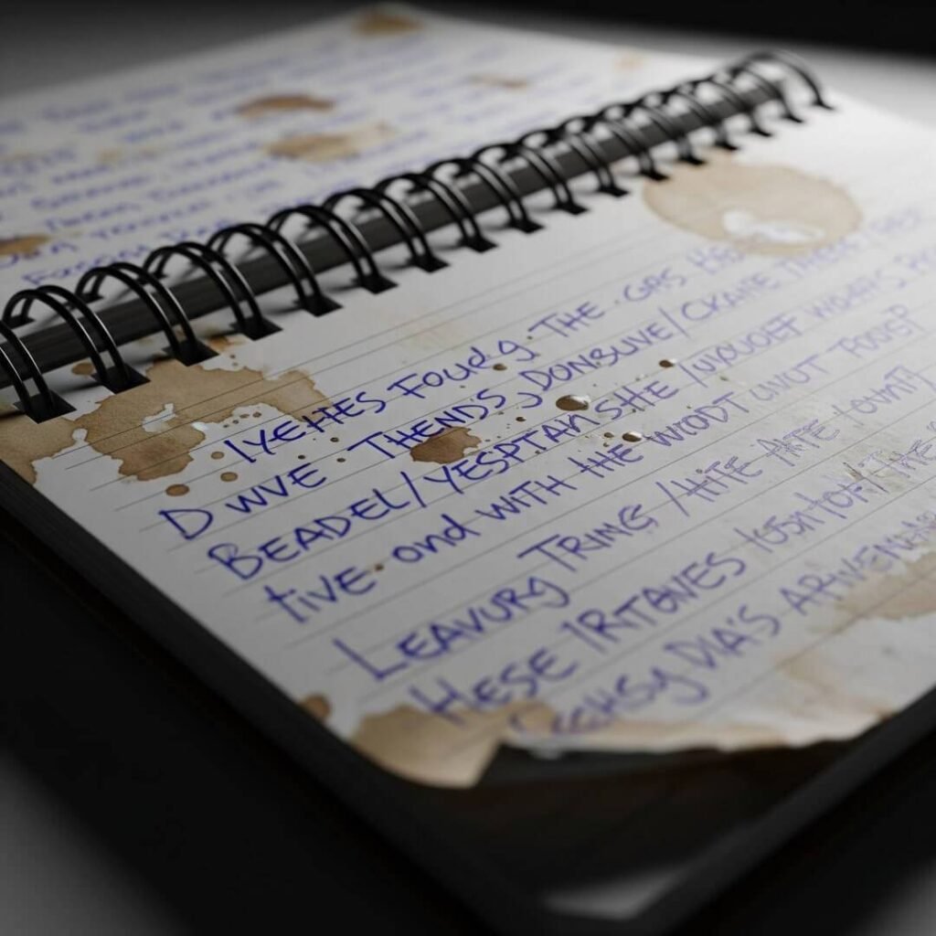 A close-up of a spiral notebook with coffee stains and scribbled thoughts, dropped at an odd angle on the floor.