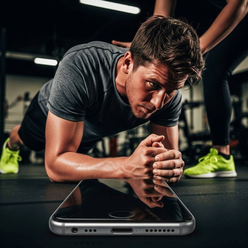 A man planks on a gym floor, red-faced and sweaty, with a phone in the foreground and a trainer's bright green sneakers in the background.