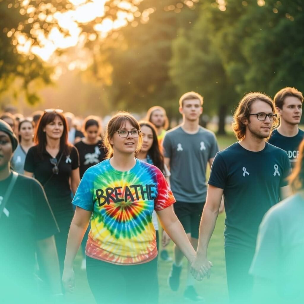 A group walks in a park at golden hour; one person in a tie-dye "Breathe" shirt holds hands with another.