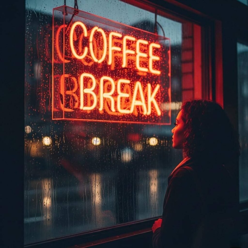 A window streaked with rain, reflecting a neon coffee shop sign, with a blurry figure staring out.