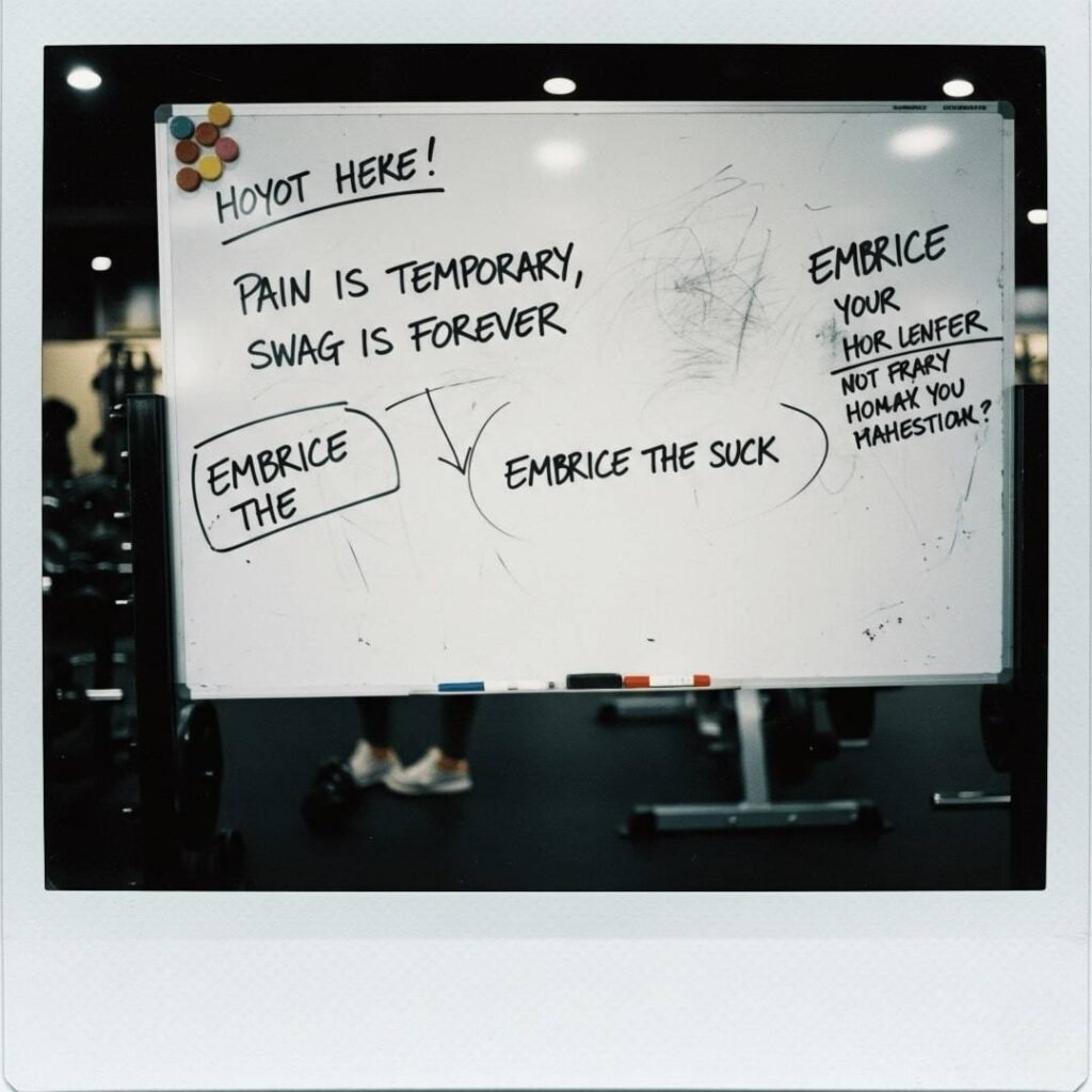A vintage Polaroid image of a gym whiteboard with smudged marker lines and quotes like "Pain is temporary, swag is forever."