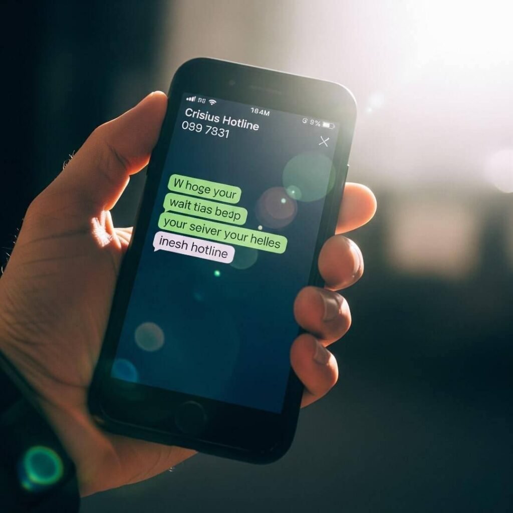 A phone screen with a text to a crisis line, held in a shaky hand.