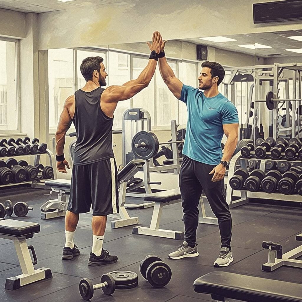 An impressionistic digital painting of two men high-fiving in a gym, with blurred workout equipment in the background.